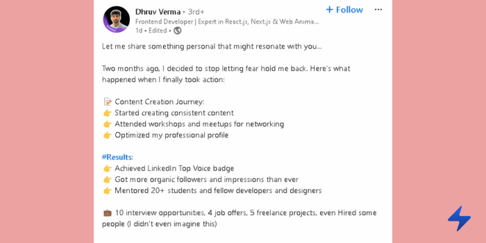 A LinkedIn post example that shares a personal story