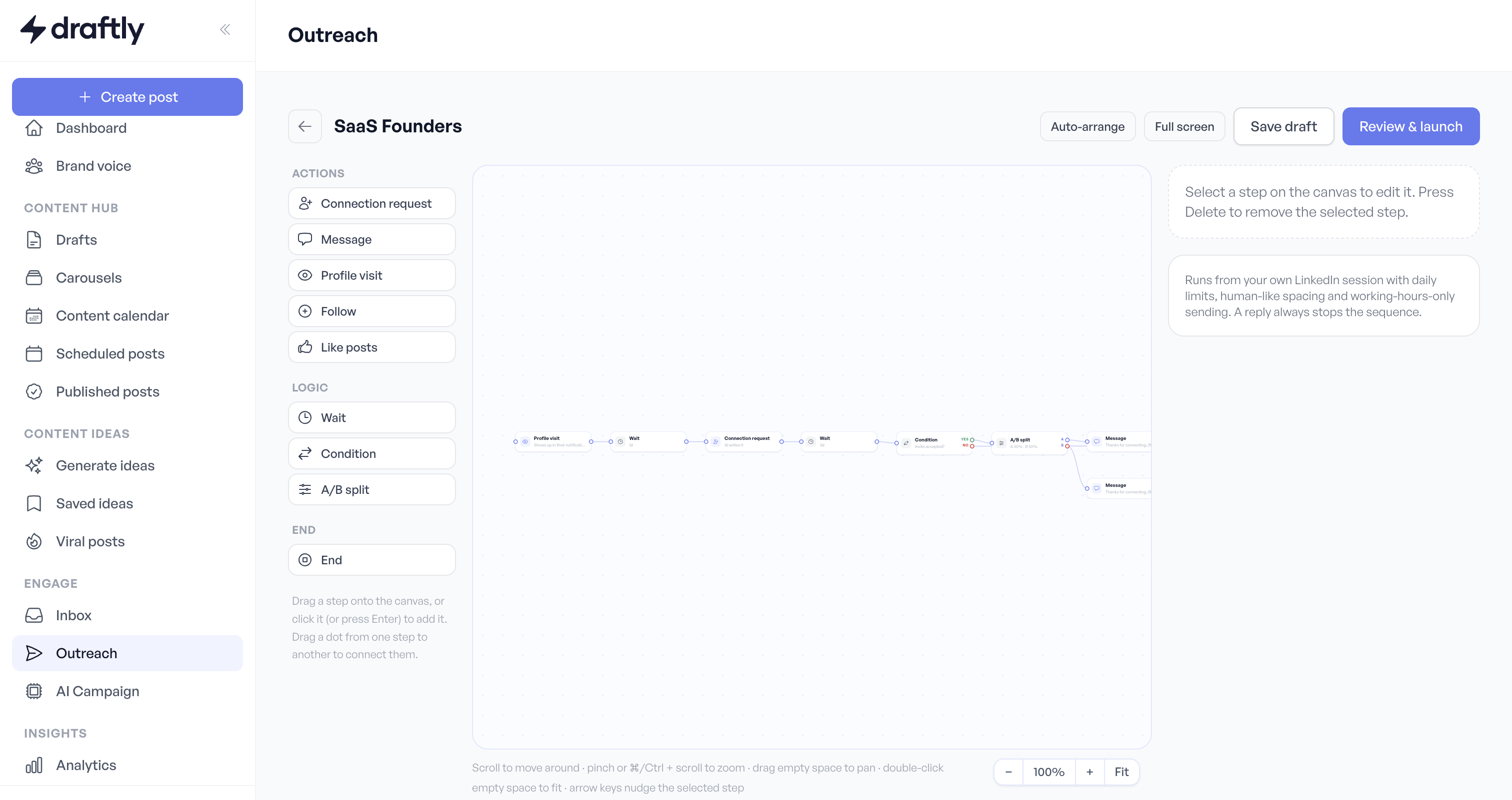 Draftly outreach campaign flow builder