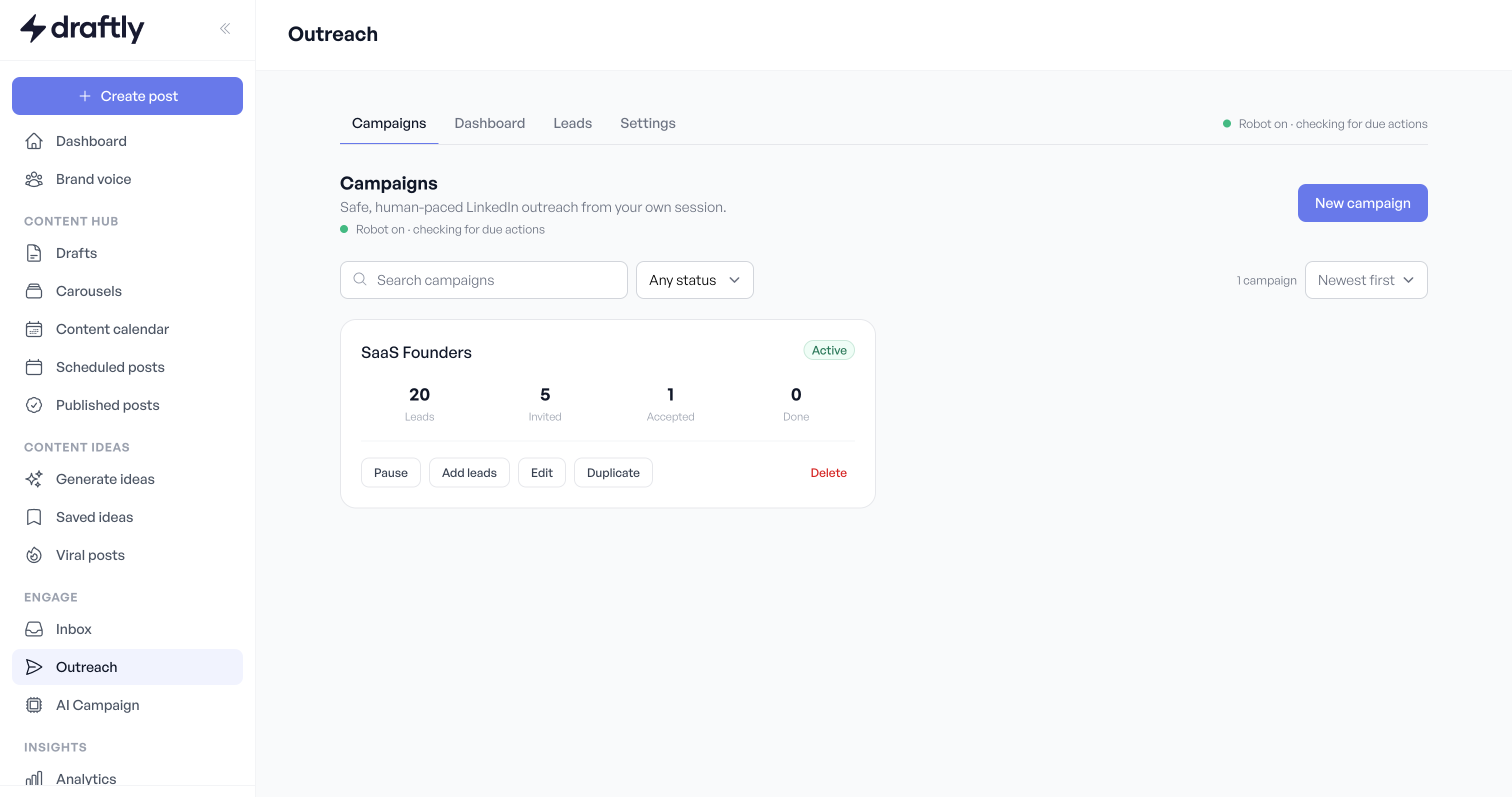 Draftly campaign dashboard with invite and acceptance tracking