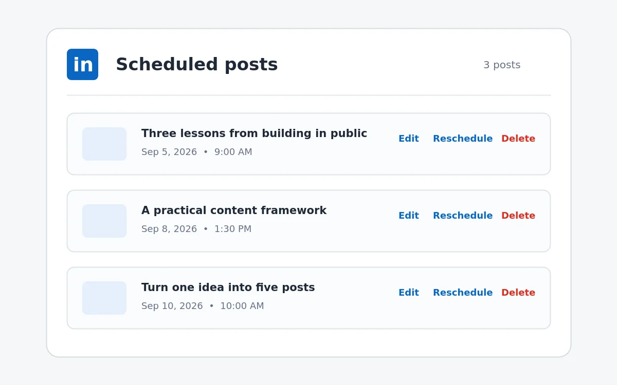 Mockup of a LinkedIn scheduled posts list showing options to edit, reschedule, or delete each post.