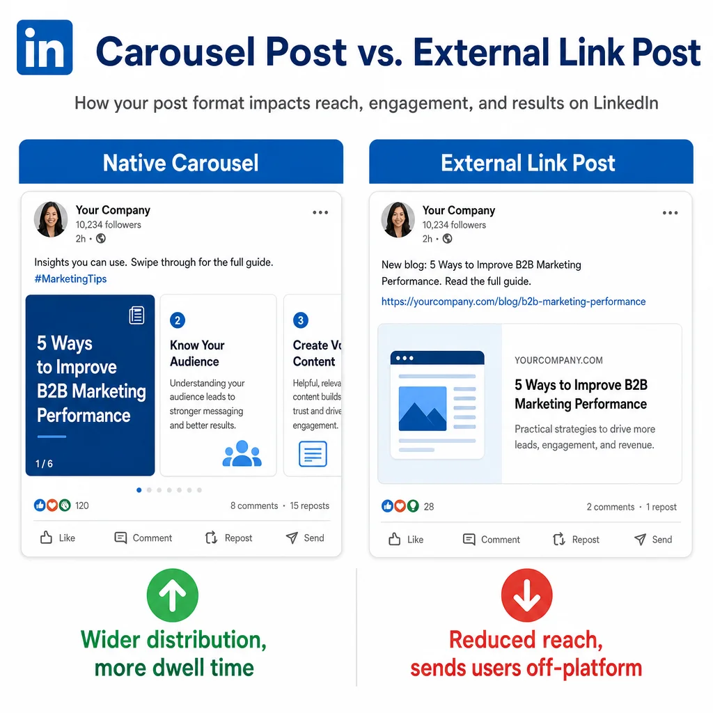 Mockup comparing a native LinkedIn document post to a standard link post.