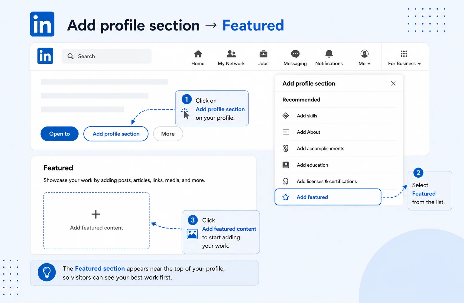 Steps to add a Featured section to a LinkedIn profile for a portfolio