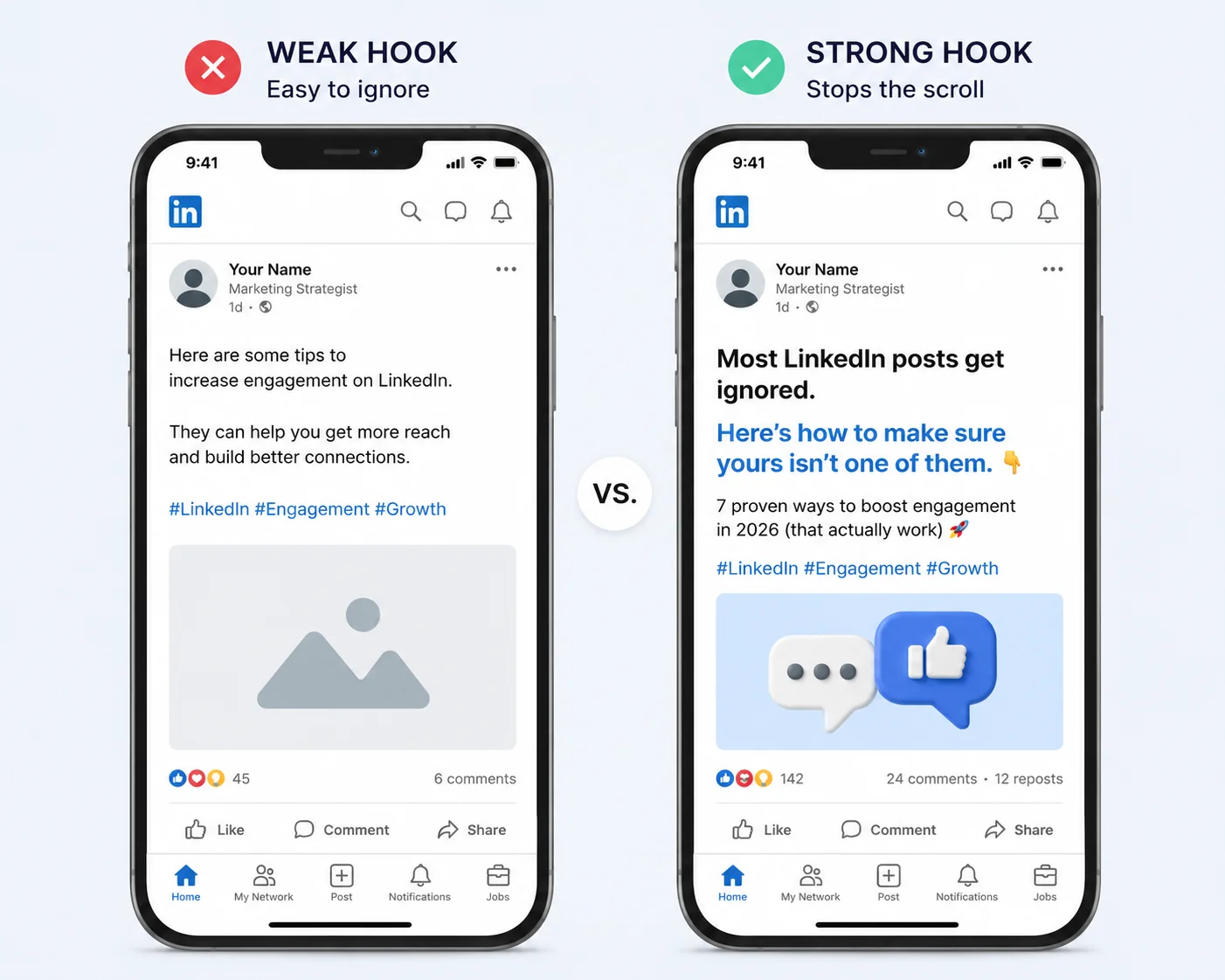 Example comparison of a weak LinkedIn post opener versus a strong scroll-stopping hook.