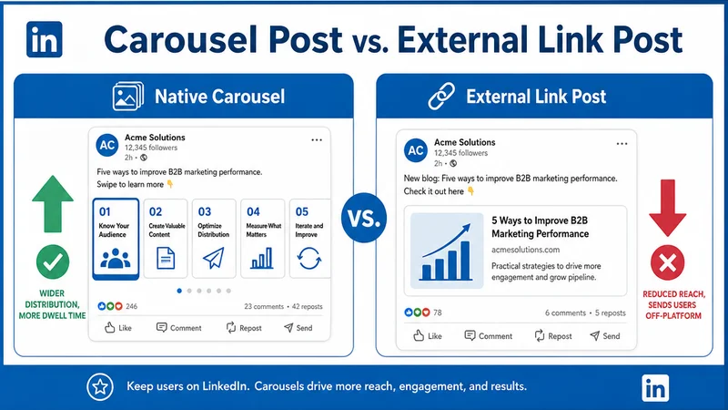 Mockup comparing a native LinkedIn document post to a standard link post.