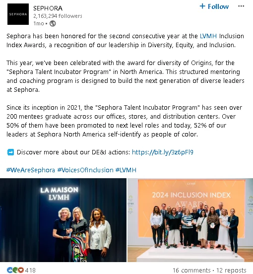 Sephora sharing their achievement on LinkedIn