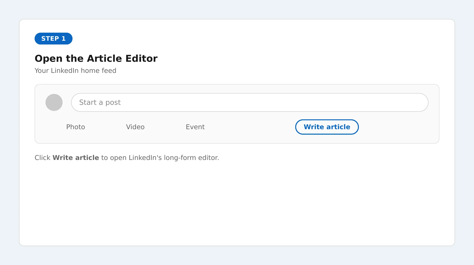 LinkedIn home feed showing the Write Article button next to Start a Post