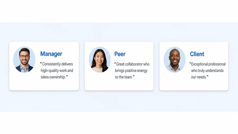 Three LinkedIn recommendation card examples for a manager, peer, and client relationship