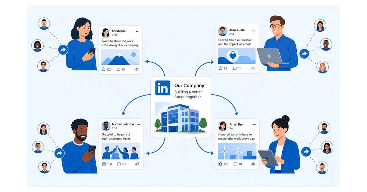 Illustration of employees sharing company content from their own LinkedIn profiles as part of an employee advocacy program