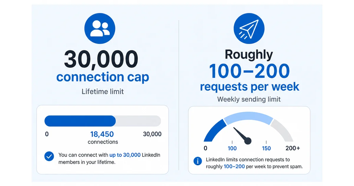 Graphic comparing LinkedIn's 30,000 lifetime connection cap to its weekly connection request limit