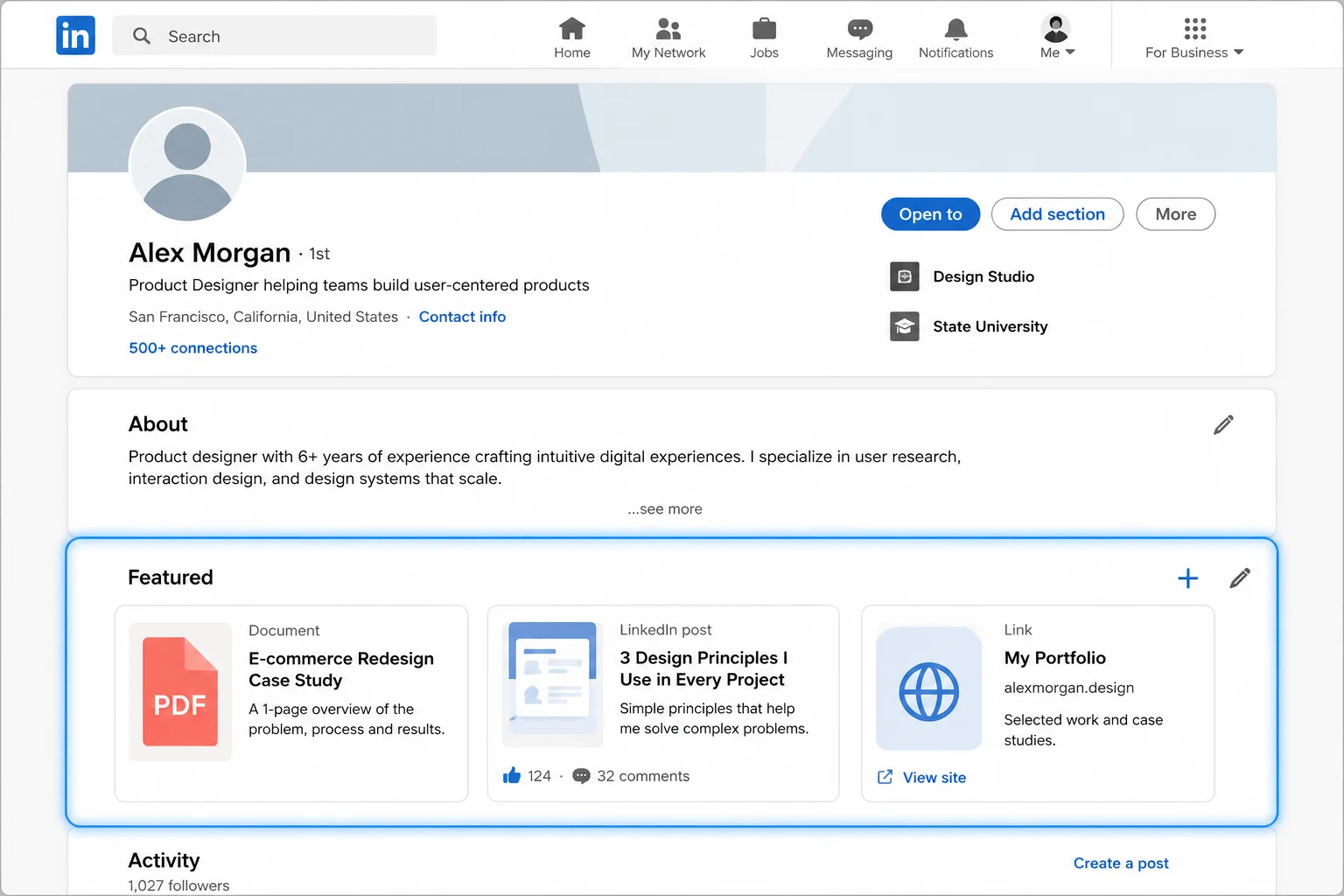 LinkedIn Featured section on a profile