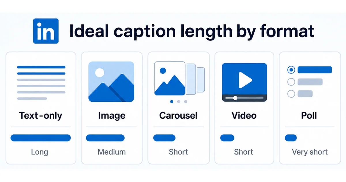 Comparison graphic showing ideal caption length across LinkedIn text, image, carousel, video, and poll posts