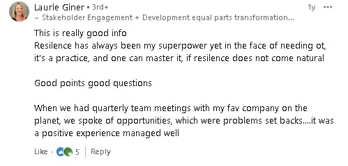 A comment in LinkedIn with a thoughtful takeaway