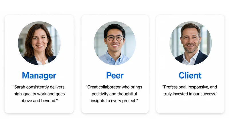 Three LinkedIn recommendation card examples for a manager, peer, and client relationship