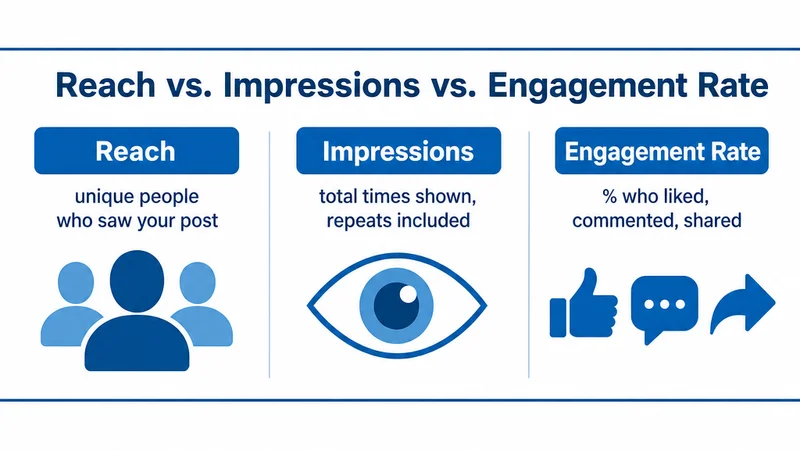 Comparison graphic showing the difference between LinkedIn reach, impressions, and engagement rate.