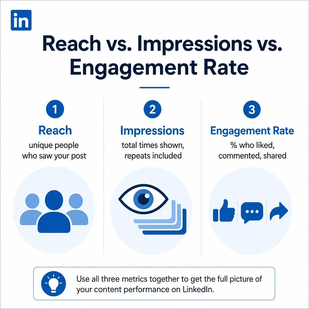 Comparison graphic showing the difference between LinkedIn reach, impressions, and engagement rate.