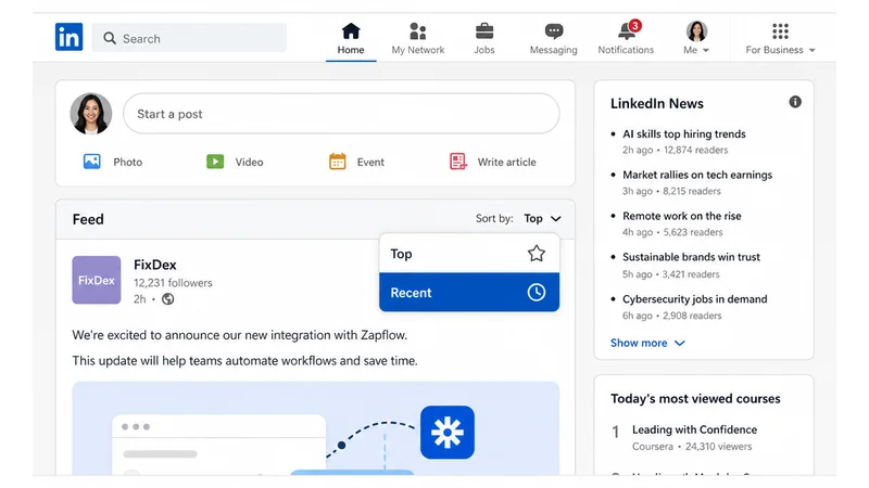 Mockup of the LinkedIn Sort by dropdown showing Top and Recent feed view options