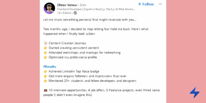 A LinkedIn post example that shares a personal story