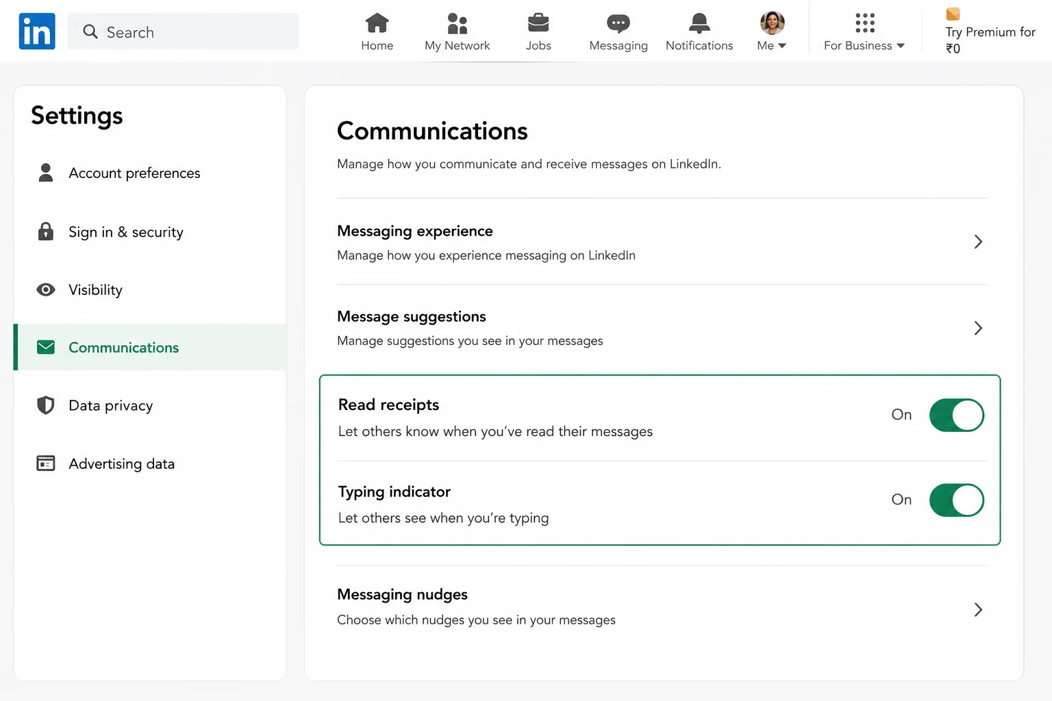 How to turn LinkedIn read receipts on or off in Settings & Privacy