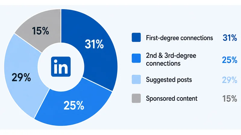 Pie chart showing the approximate breakdown of content sources in a 2026 LinkedIn feed