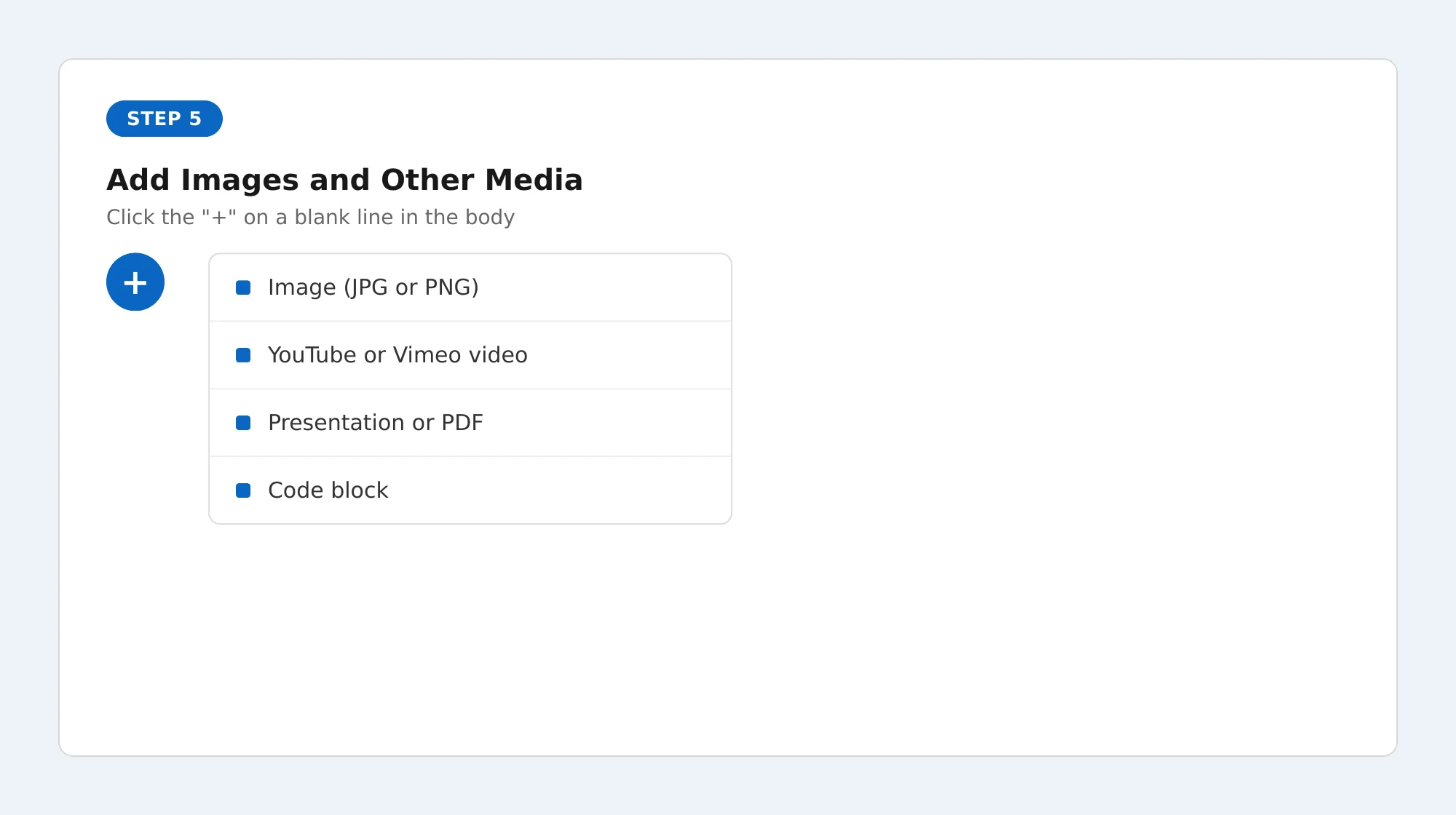 LinkedIn article editor plus icon menu for adding images, video, and other media