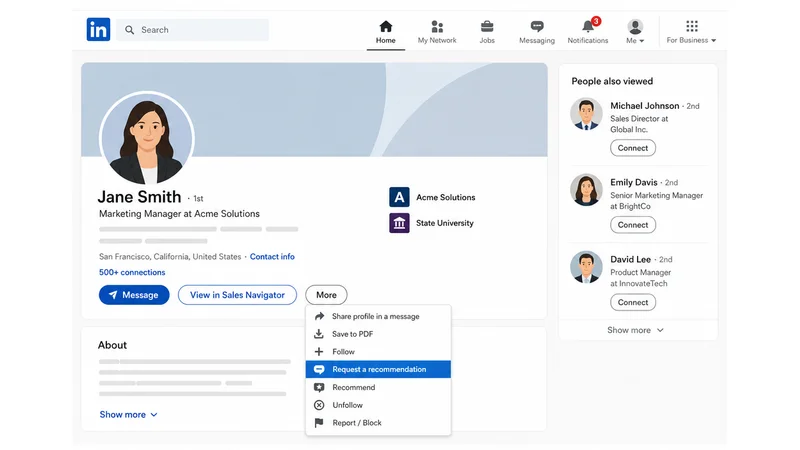 LinkedIn profile More menu with the request a recommendation option highlighted