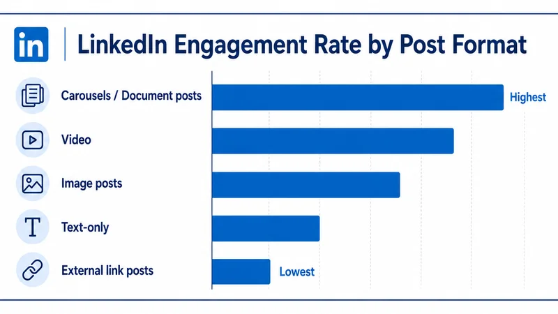 Bar chart of LinkedIn engagement rate by post format in 2026, with carousels and document posts highest and external link posts lowest