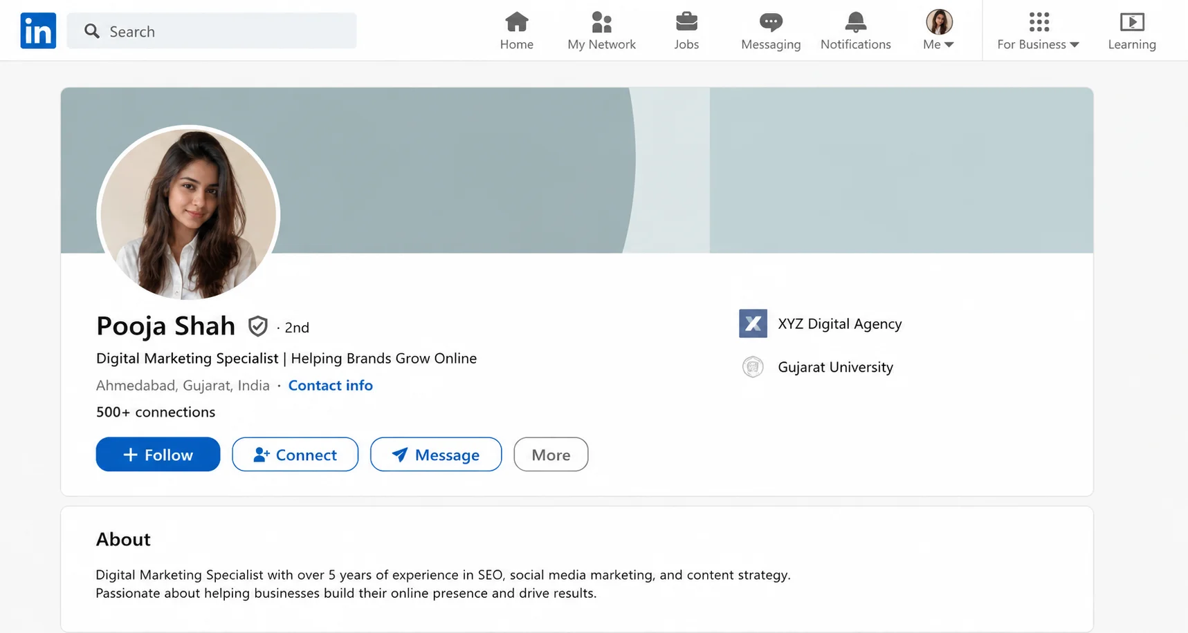 LinkedIn profile page showing Follow and Connect buttons