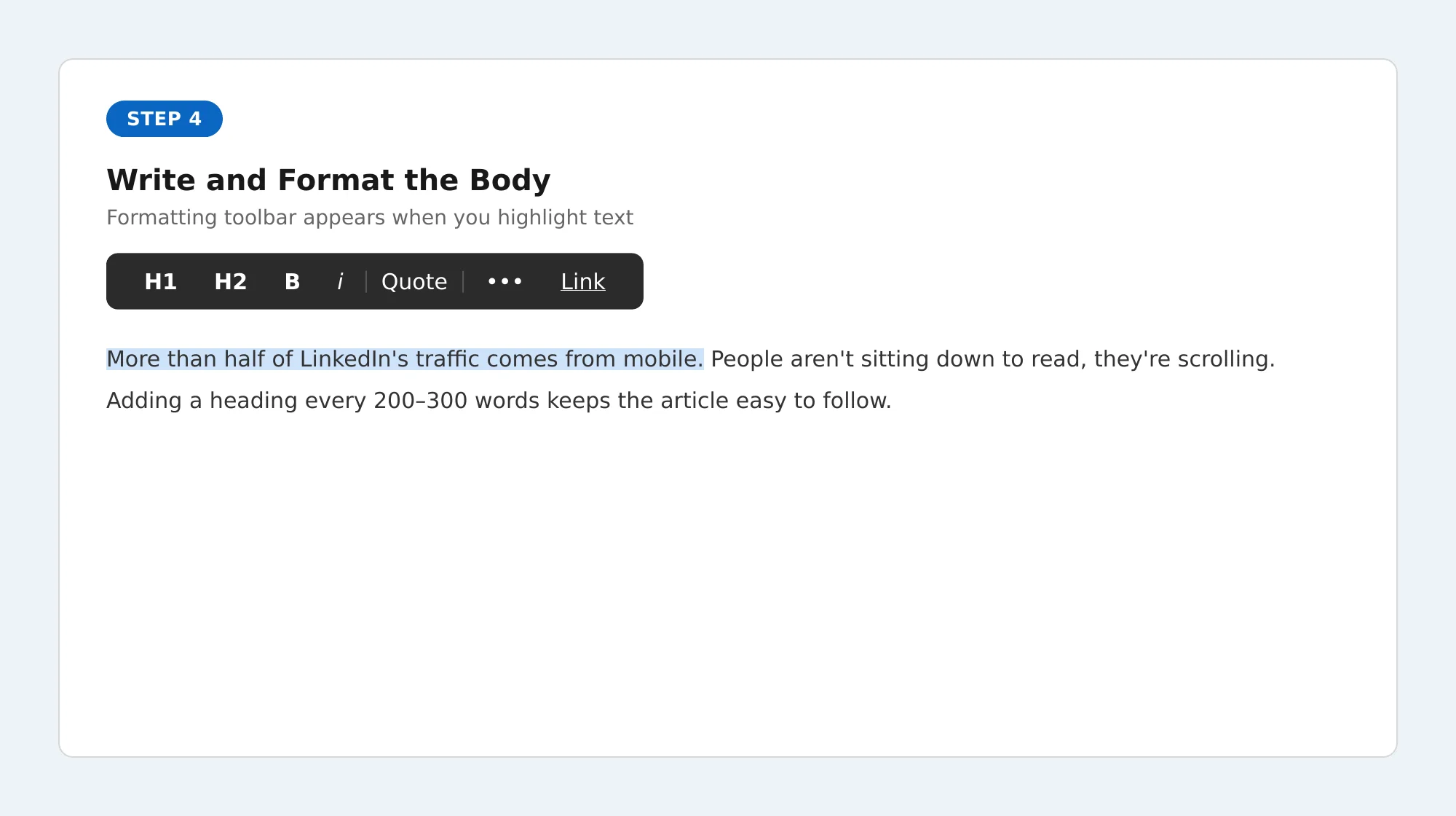 LinkedIn article formatting toolbar with heading, bold, and quote options
