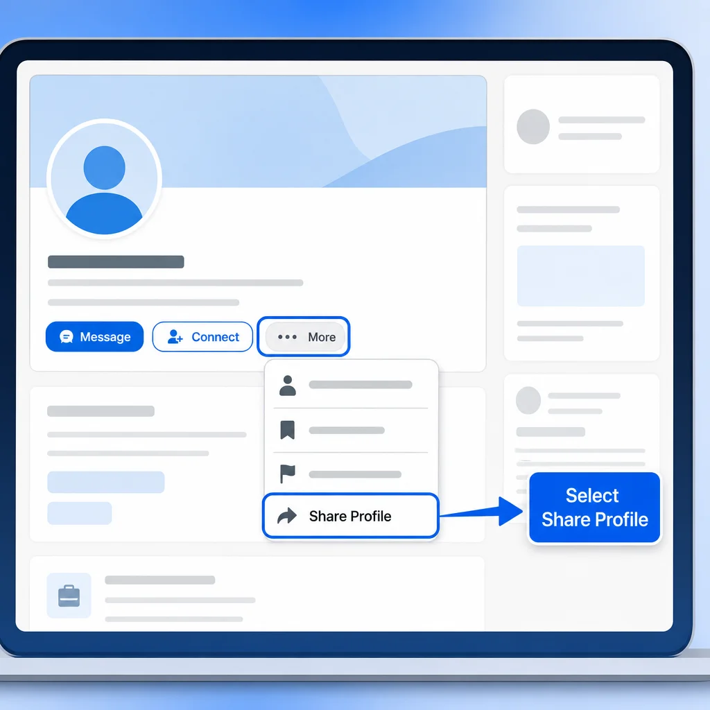 Diagram showing where to find the Share Profile option under the More menu on a LinkedIn profile.