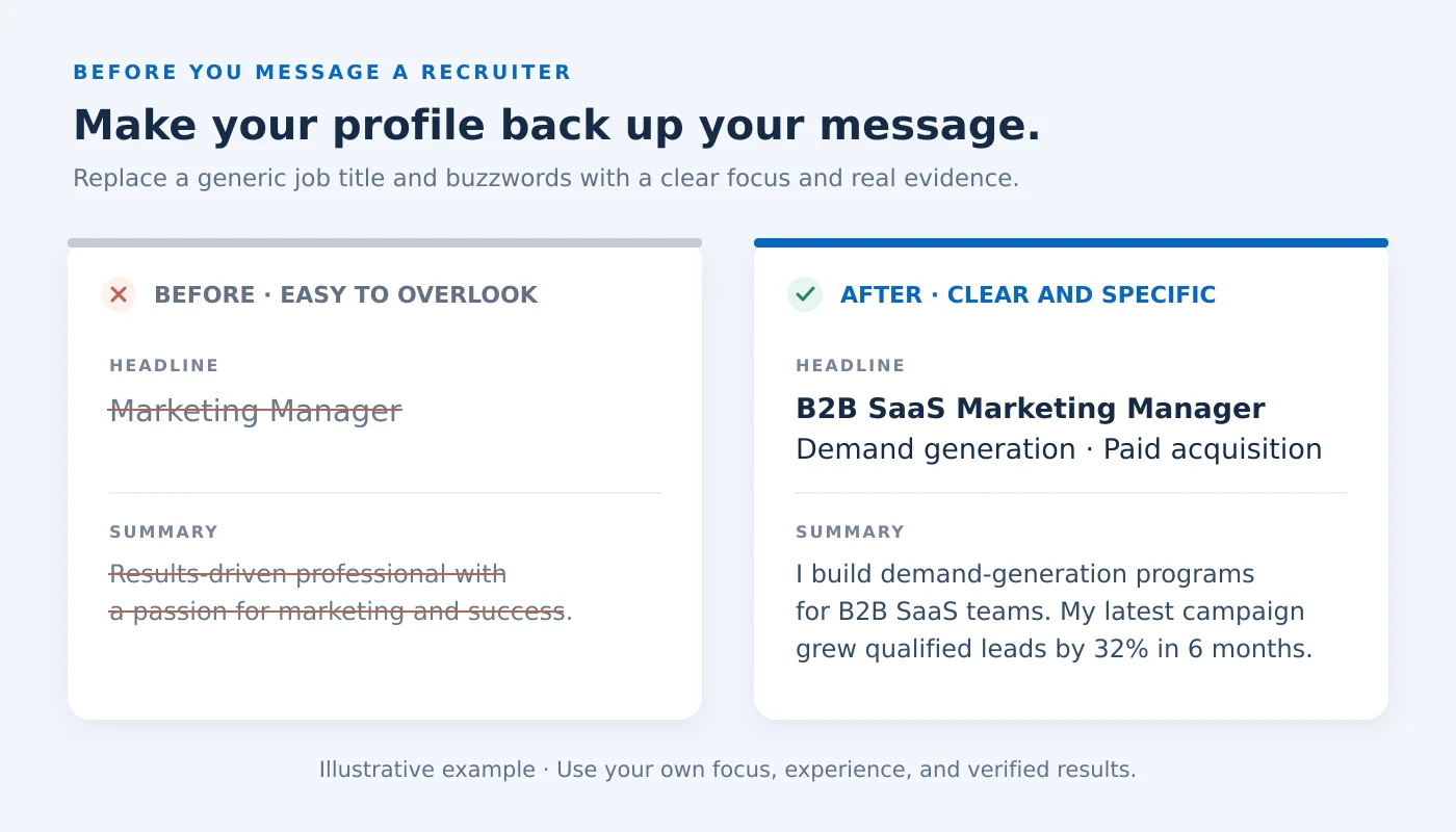 Before-and-after comparison of a generic LinkedIn headline versus a specific one aimed at recruiters.