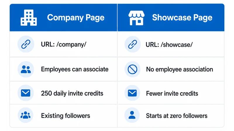 Side-by-side comparison of LinkedIn company page and Showcase Page features